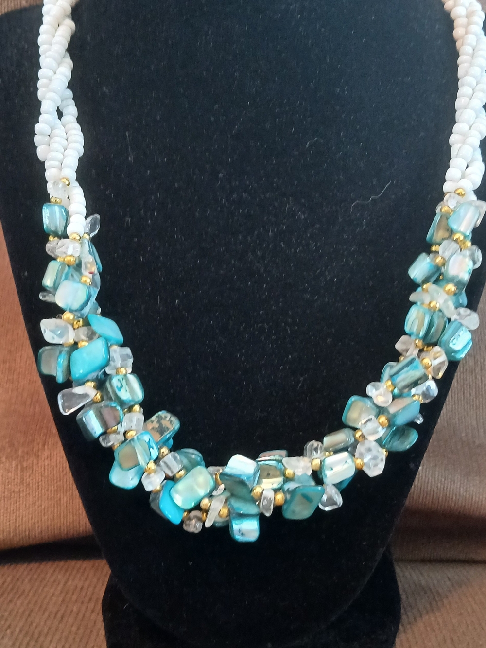 White and Teal Beaded Statement Necklace - Beachy Boho Multi-Strand Design